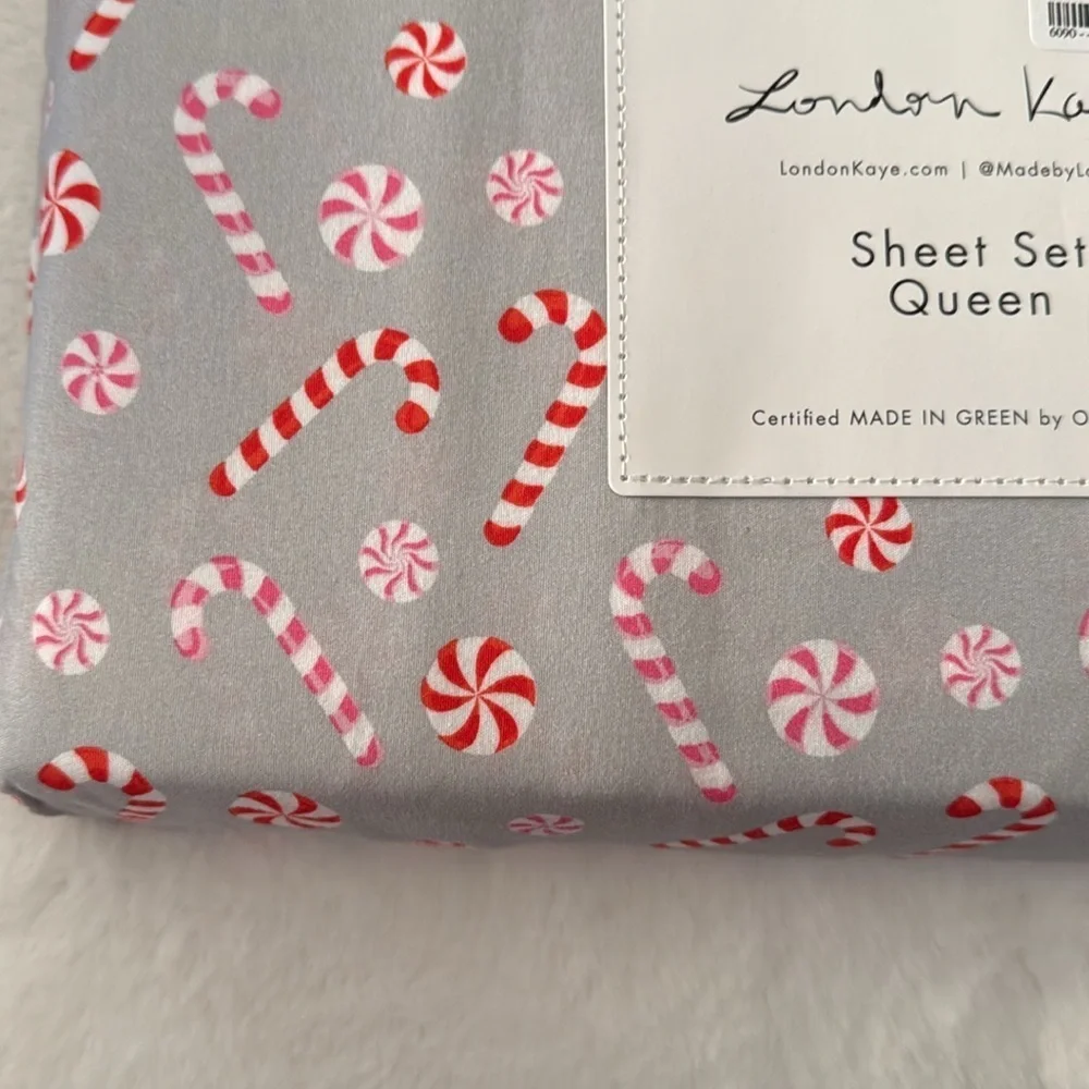 London Kaye Christmas candy cane Queen Sheet Set